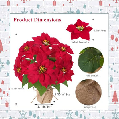 Mini Potted Christmas Poinsettia Flowers - 13 Inch Red Faux Plant, Rustic Decor