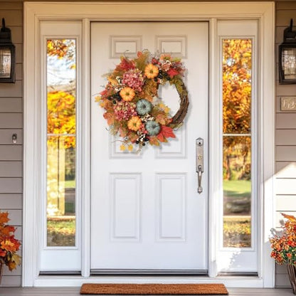 Fall Wreath for Front Door 18-Inch Artificial Pumpkin Hydrangea Autumn Decor - 1 Pcs