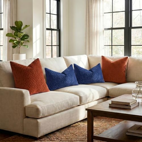 Burnt Orange Chenille Check Throw Pillow Covers Set of 2 20x20 Inch for Farmhouse & Boho Decor