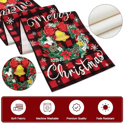 Artscope Buffalo Plaid Red Wreath Table Runner - Christmas Holiday Decor 13x120 Inch