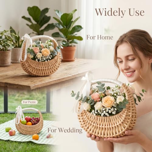 4 Pack Rattan Flower Girl Baskets Half Moon Straw Wicker Decor