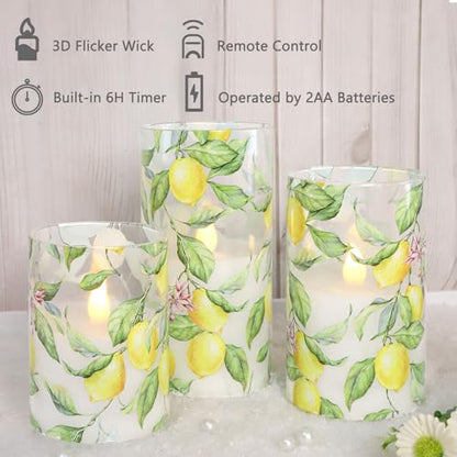 Lemon Glass Flameless Candles with Remote & Timer - Lemon Tree Variation - Battery Operated LED Flicker Pillar Candles for Home Decor, Kitchen, Holiday