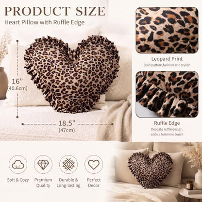 Fumete 2 Pcs Leopard Heart Pillow Set - Ruffles Brown 16 Inch
