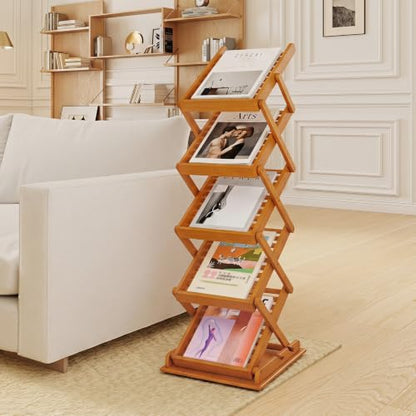 Foldable Bamboo Magazine Rack with Adjustable Height and 5 Shelves — Modern Storage Organizer