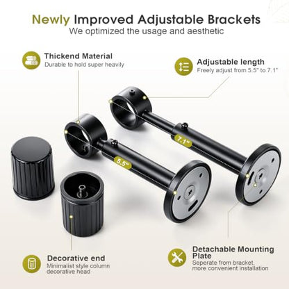 Heavy Duty Steel Curtain Rod, Adjustable 72-86 Inch, Rustic Industrial Black - Includes Mounting Brackets