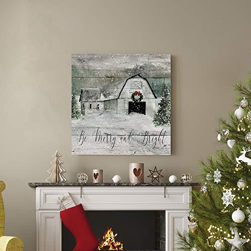 32x32 Inch Holiday Wall Art Canvas - Be Merry and Bright Winter Decor, Festive Barn Faux Wood Look, Ready to Hang, Made in USA
