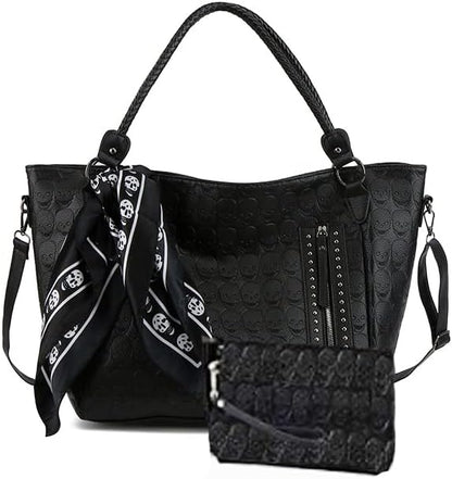 Zuoge Women’s Skull Tote Bag - Revit Studded PU Leather Handbag & Wallet Set with Scarf (3 Pcs)