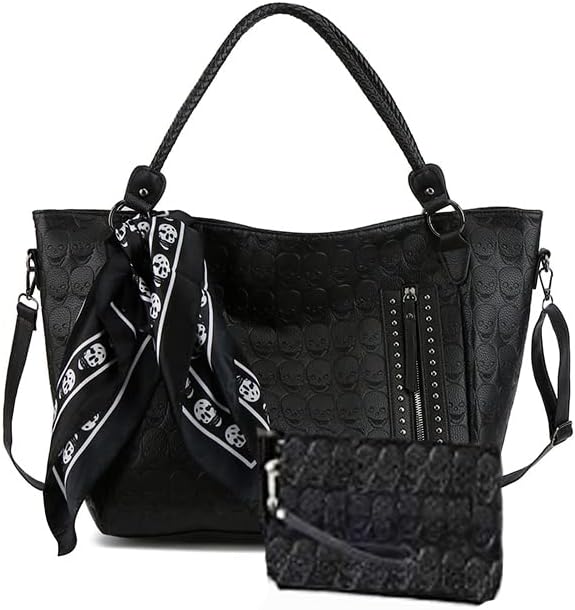 Zuoge Women’s Skull Tote Bag - Studded PU Leather Handbag with Purse & Scarf Set (3 Pieces)