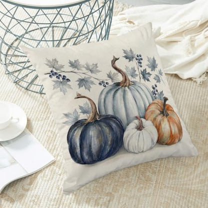 Fall Throw Pillow Covers 18x18 Inch - Pumpkin Maple Design Set of 2 - Orange Blue