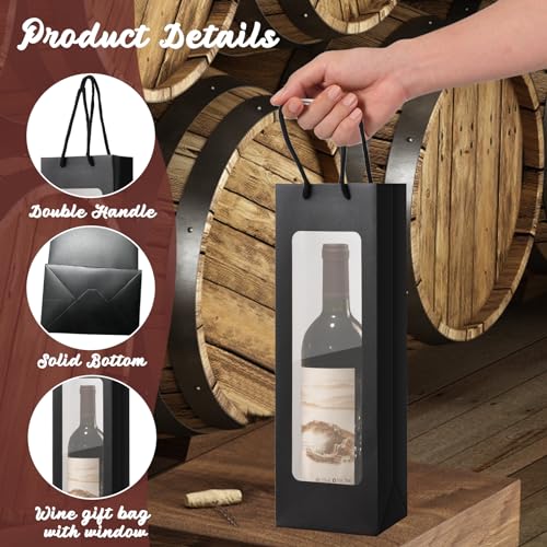 TINSKY 12Pcs Wine Gift Bags with Handle for Wine Bottles Clear Window Wine Bags Reusable Wine Bags Bulk for Anniversary Birthday New Year Party (Black)