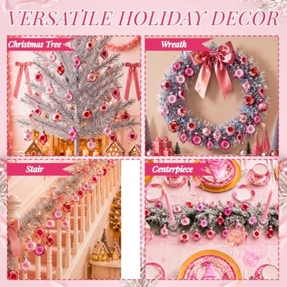Vintage Christmas Glass Ornaments Set - Retro Pink & White Reflector Balls, 40 Pcs