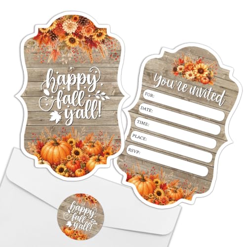 Fall Party Invitations Set with Envelopes and Stickers - Rustic Harvest Themed, 15 Pack
