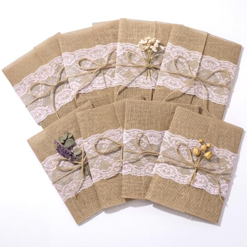 50-Piece Rustic Burlap Wedding Invitation Jackets with Lace & Rope Kit