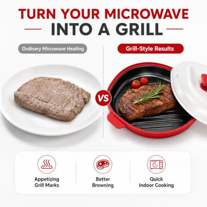 Microwave Grill Pan with Lid, Nonstick Red Grill Plate for Indoor Cooking