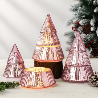 Pink Christmas Tree Candle Jars Set - 10 oz Mercury Glass Holiday Decor - Vesici