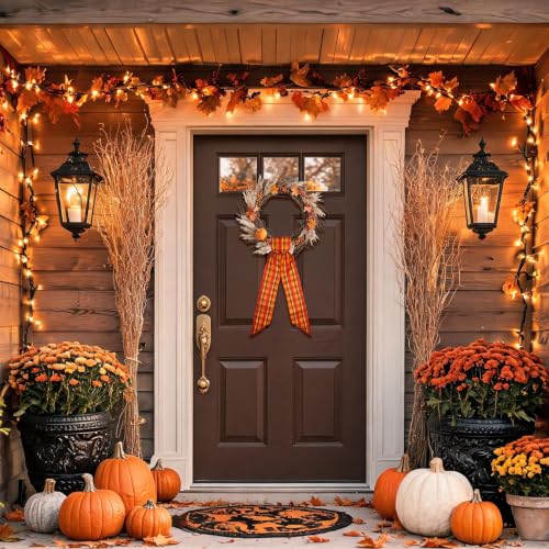 Fall Wreath Ribbon Sash Set - Red Autumn Harvest Buffalo Plaid 2 Pcs