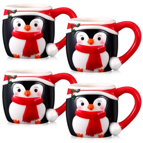 4 Pcs Christmas Penguin Ceramic Mug Set - 11 oz Holiday Drinkware - Variation of 4