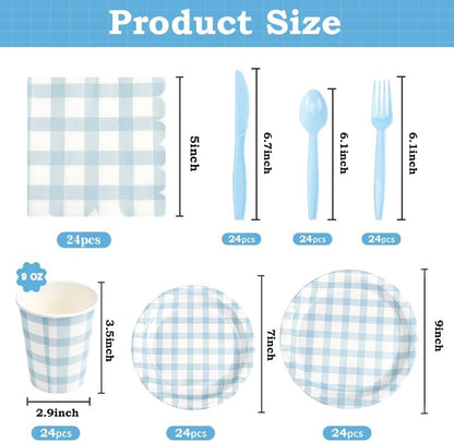 Skiennix 168Pcs Gingham Party Supplies - Disposable Dinner Set for 24 Guests | Blue Plates, Napkins & Cutlery