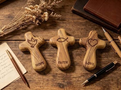 Mini Olive Wood Pocket Cross Set of 3 - Faith, Hope & Love - Bethlehem Carved Religious Keepsakes