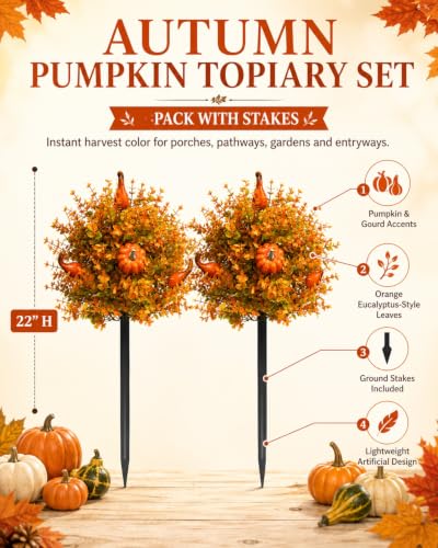 2pcs Artificial Fall Pumpkin Tree Stakes 22 Inch Orange Topiary with Eucalyptus