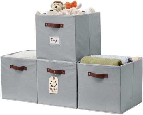 DECOMOMO Storage Baskets - 13x15x13 Cube Bins with Labels for Organized Shelves | Grey (Set of 4)