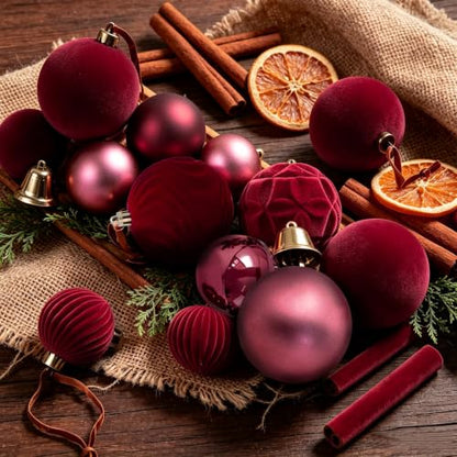 Red Velvet Christmas Ball Ornaments - 40Pcs Shatterproof Holiday Decorations - Medium, 3 Sizes, 7 Styles