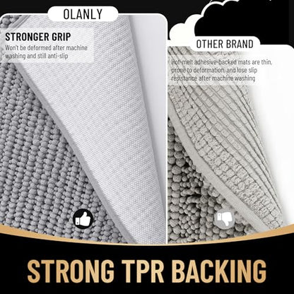 Olany 3-Piece Bathroom Rug Set - Grey, Ultra-Absorbent Chenille Bath Mats with U-Shaped Toilet Rug, Quick Dry, Non-Slip, Home Decor