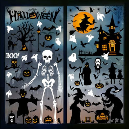 Halloween Window Clings Set - 138 Pieces, 8 Sheets, Ghost Skeleton Bat Decor A4 Variation