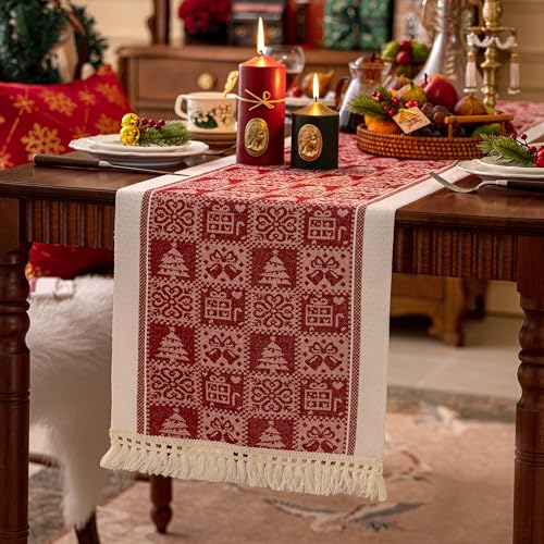 Christmas Table Runner 95 Inches with Tassel Fringe - Red Sds 14x95