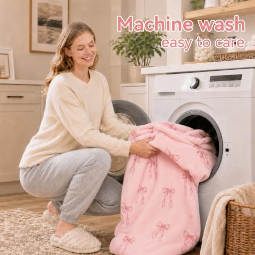 Pink Bow Wearable Blanket Hoodie for Women and Men - Oversized Cozy Hoodie with Pockets