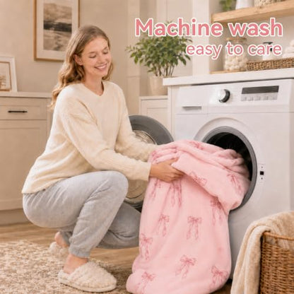Pink Bow Wearable Blanket Hoodie for Women and Men - Oversized Cozy Hoodie with Pockets
