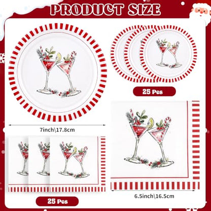 Christmas Cocktail Disposable Plates and Napkins Set - 50 Pieces, Holiday Party Tableware