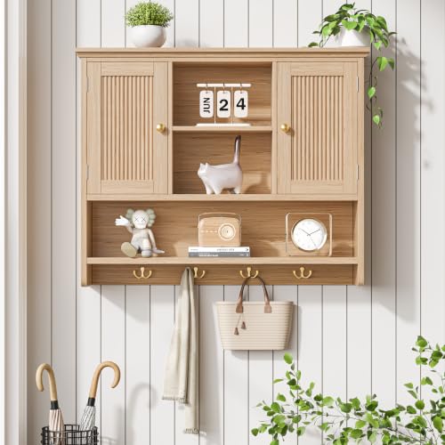Wall Mount Bathroom Cabinet with Fluted Doors and Hooks - Natural Oak