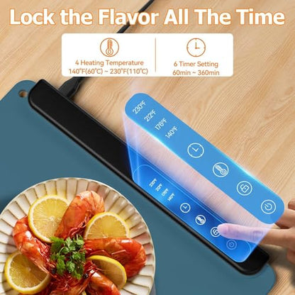 MealHelper Teal Food Warming Mat with 4 Temp Levels & 6-Hour Timer, Portable Electric Food Warmer for Countertop