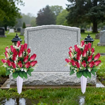 Artificial Cemetery Flowers for Grave Rose Pink 2-Pack with Vases - Memorial Flowers for Tombstone Decoration