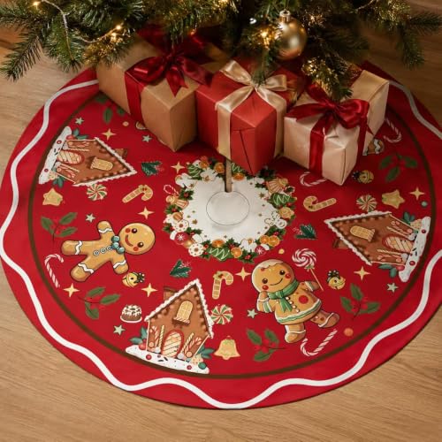 Christmas Tree Skirt 47 Inch Red Gingerbread House Candy Cane Decor