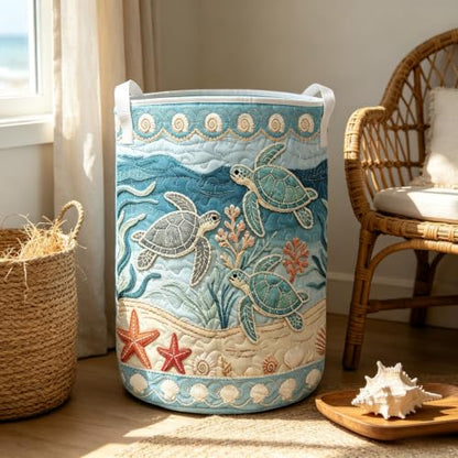 Sea Turtle Quilted Laundry Hamper Collapsible Storage Basket - M