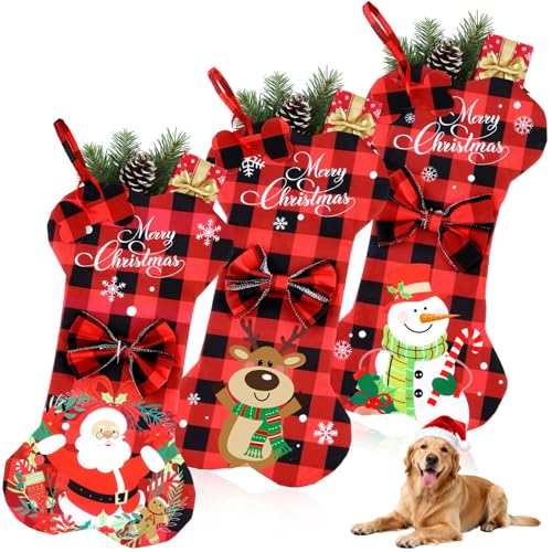 3 Pack Dog Christmas Stockings Bone Shape Buffalo Plaid Large Holiday Decor