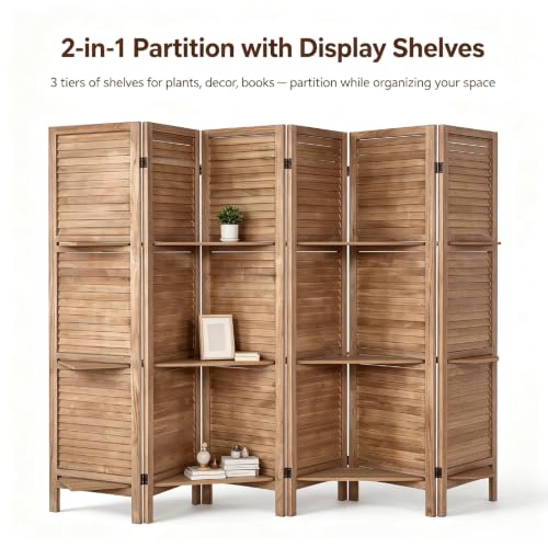 6 Panel Room Divider with Shelves - 67" H Brown, 360° Hinges, Freestanding Privacy Screen - Variation: Brown 6 Panel