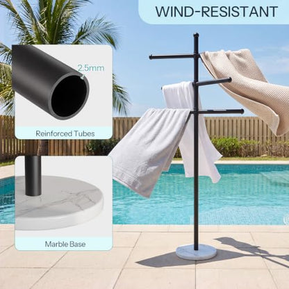 Outdoor Pool Towel Rack with Marble Base & Adjustable 3 Arms - 63 Inch