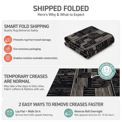 Black Block Stripe Machine Washable Non-Slip Runner Rug 2'x12' - Rugshop