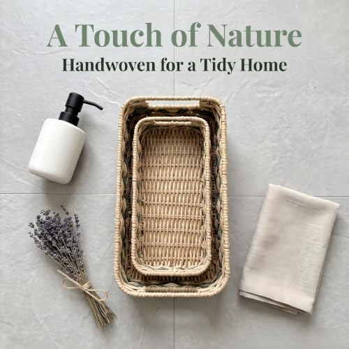 2-Pack Woven Rattan Bathroom Organizer Baskets with Handles for Toilet Tank