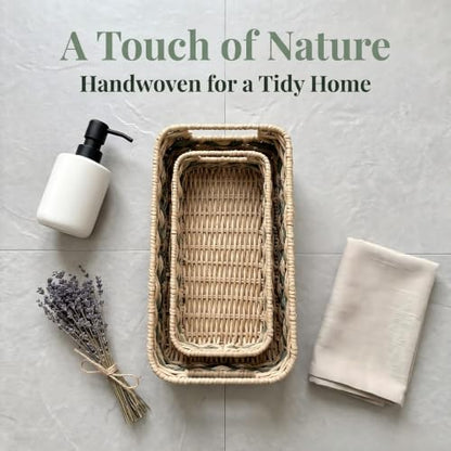 2-Pack Woven Rattan Bathroom Organizer Baskets with Handles for Toilet Tank