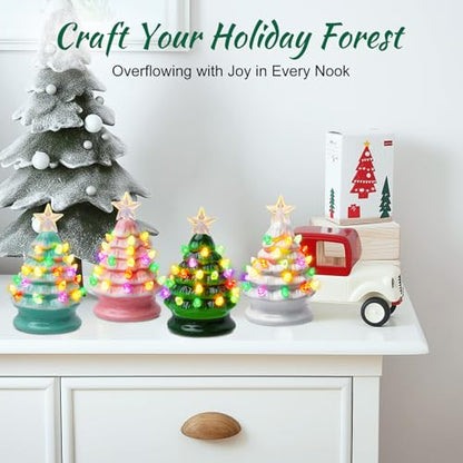 Mini Ceramic Christmas Tree Set - 4 Pack Pre-Lit Tabletop Holiday Decor - White, Green, Pink, Light Green