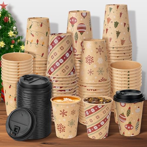 Christmas Disposable Paper Cups with Lids 12oz - 100 Pcs Holiday Party Supplies