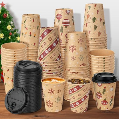 Christmas Disposable Paper Cups with Lids 12oz - 100 Pcs Holiday Party Supplies