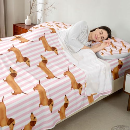 Castle Fairy Pink Striped Dachshund Bed Sheet Set King Size - Deep Pocket Kids Bedding