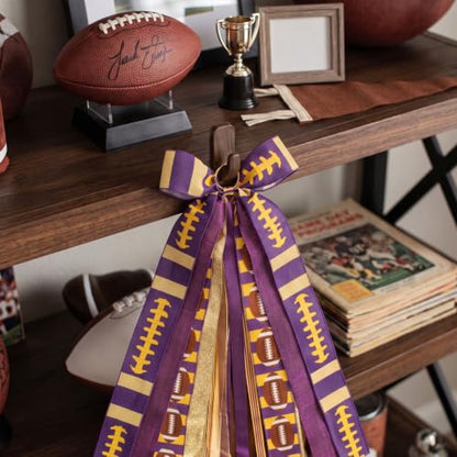 Football Wreath Sash - Purple Gold Ribbon Bow for Game Day Decor - Variation of Purple Gold