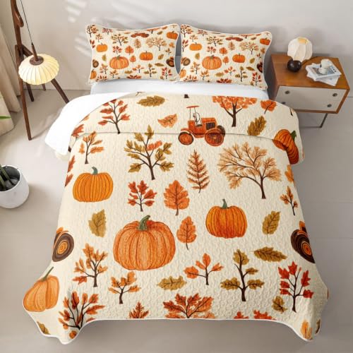 Castle Fairy Autumn Pumpkin Quilt Set Full Size with Pillow Shams - Orange Beige