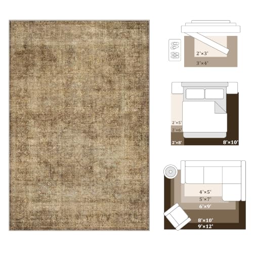 8x10 Brown Neutral Vintage Distressed Area Rug for Bedroom - Washable, Non Slip